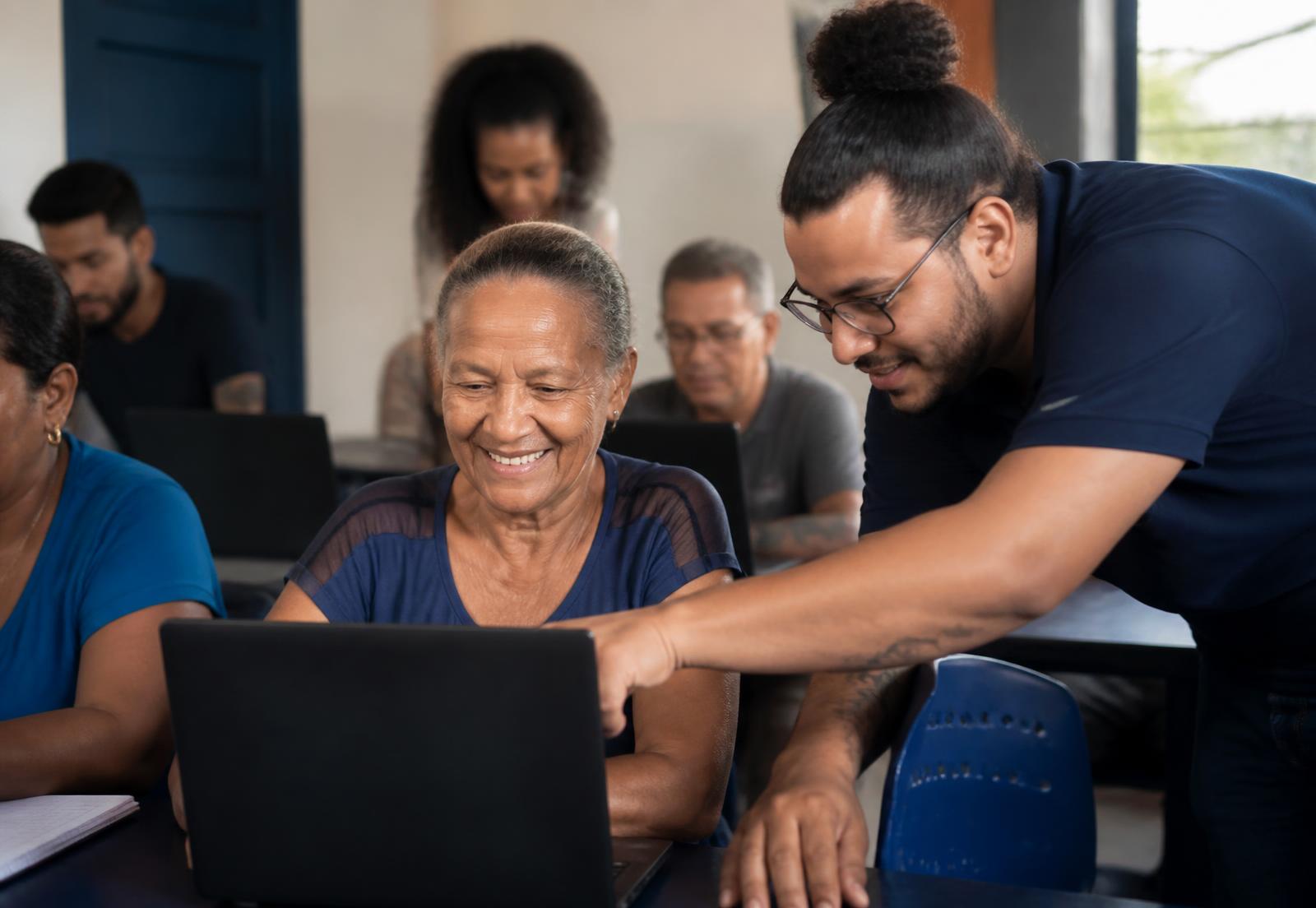 Turma diversa aprendendo Inteligência Artificial com notebooks em uma sala de aula