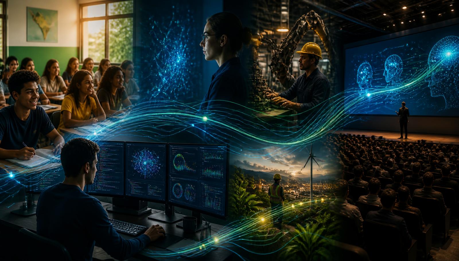 Colagem da trajetória dos cursos do I2A2: sala de aula, ciência de dados, indústria, sustentabilidade e agentes autônomos conectados por traços de rede neural